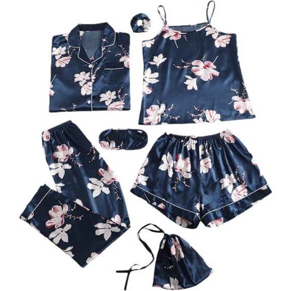 Women's 7pcs Pajama Set Cami with Shirt and Eye Mask